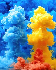 Poster - Vibrant clouds of blue, yellow, and orange smoke create a stunning visual contrast, resembling abstract art in motion.