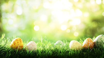 Wall Mural - Colorful Easter eggs resting on fresh green grass under the warm glow of the spring sun on Easter Sunday morning