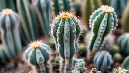 Aufkleber - group of various cacti with distinct shapes and spines in natural setting copy space