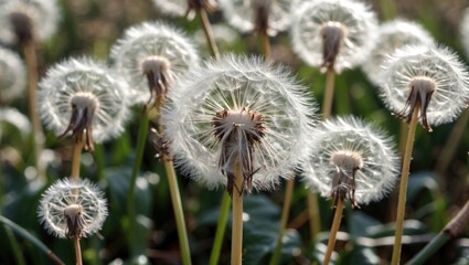 Aufkleber - dandelion flower heads in a field with blurred background and natural light copy space