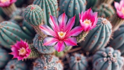 Aufkleber - cactus with vibrant pink flowers on a green surface natural background copy space