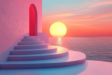 Poster - Intriguing graphic layout showcasing serene sunset over ocean with unique steps and arch