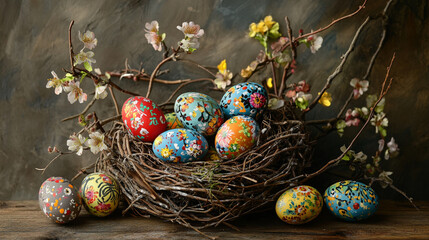 Celebrating Easter Sunday with vibrant decorated eggs nestling in a rustic nest adorned with spring blossoms