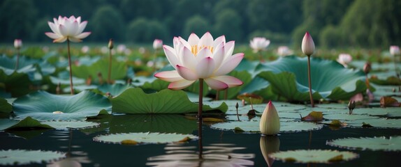 Poster - Lotus flowers blooming on a tranquil pond surrounded by lush green leaves and buds with natural soft light Copy Space