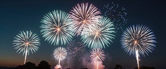 Aufkleber - Colorful fireworks display lighting up the night sky over a landscape with trees at dusk Copy Space
