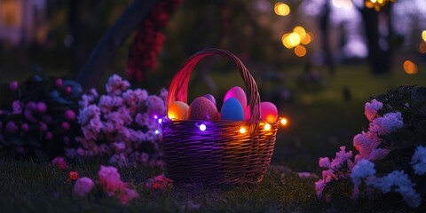 Wall Mural - A vibrant basket filled with various colored eggs illuminated by soft lights, creating a festive and cheerful atmosphere.