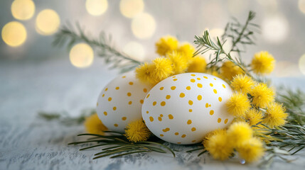 Wall Mural - Colorful Easter eggs surrounded by cheerful yellow flowers and greenery on a bright spring day