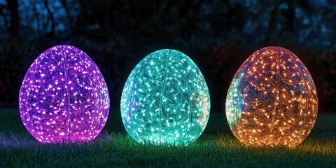 Wall Mural - Three illuminated Easter eggs arranged on grass, with lush trees softly blurred in the background, creating a festive and serene atmosphere.