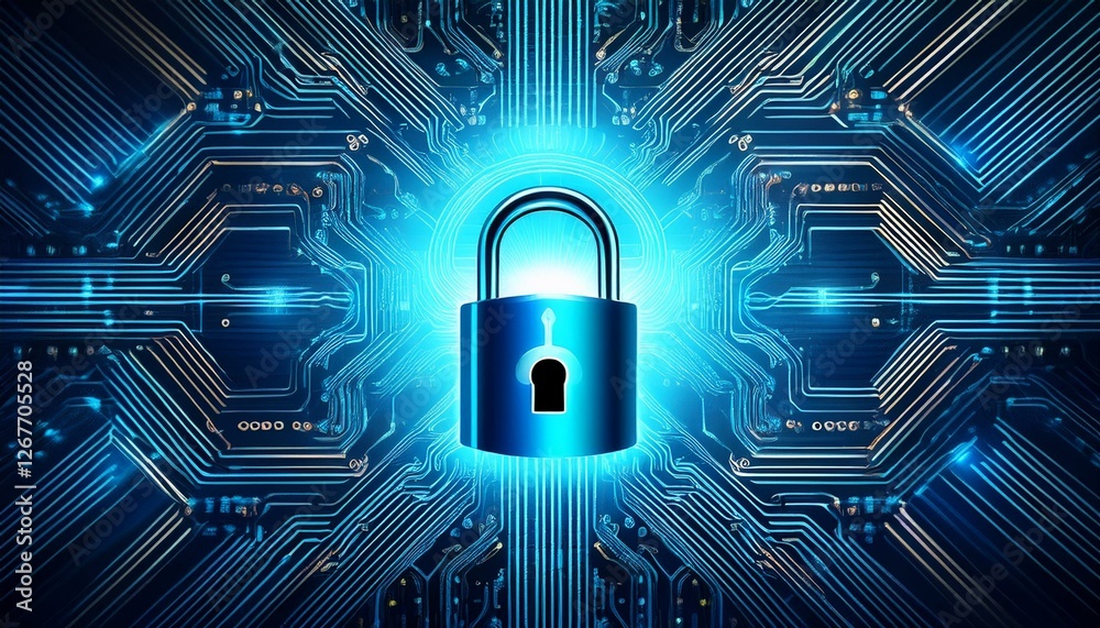 digital security lock on circuit board background in blue tone for ...