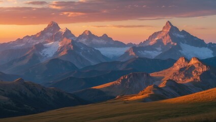 Aufkleber - Mountain landscape with peaks during sunset, dramatic sky with clouds, valleys and ridges in warm light, Copy Space