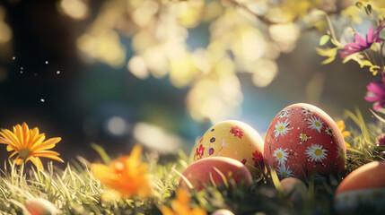 Wall Mural - Colorful Easter eggs surrounded by blooming flowers on a sunny spring morning