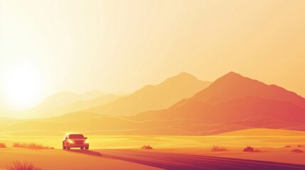 Poster - Driving through a warm desert landscape with distant mountains during sunset. Generative AI