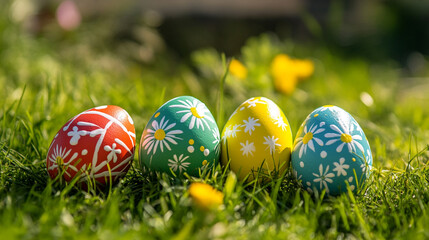 Wall Mural - Colorful Easter eggs resting on a vibrant green lawn with flowers during a sunny Easter Sunday celebration