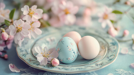 Wall Mural - Delightful pastel Easter eggs nestled among cherry blossoms on a delicate plate celebrating spring's renewal