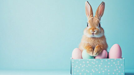 Wall Mural - Cute bunny with pastel eggs in a playful Easter Sunday celebration setting