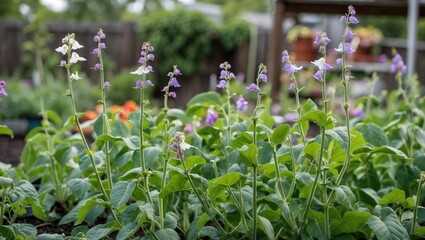 Poster - Green bean plants with purple flowers in a garden setting with blurred background and natural light, Copy Space.