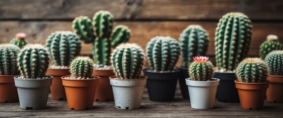 Sticker - Various types of cacti in pots on a wooden surface with rustic background and pink flower, natural light, Copy Space