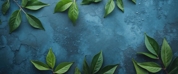 Aufkleber - Green leaves on textured blue background with water droplets arranged artistically providing copy space for text placement
