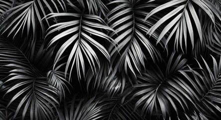 Aufkleber - Black and white close-up of tropical palm leaves creating a dense foliage background with copy space for text
