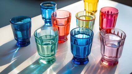 Aufkleber - Colorful vintage glassware arranged on a surface with soft shadows and natural light Copy Space