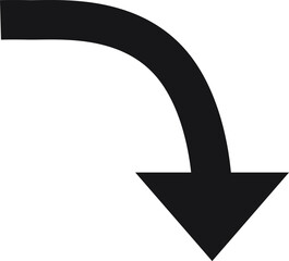 Poster - Simple black curved arrow pointing down against a clean white background, effectively representing downward direction or movement, ideal for navigation or design purposes