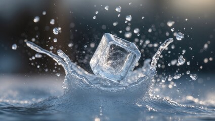 Aufkleber - Ice cube splashing into water creating droplets against a blurred background Copy Space