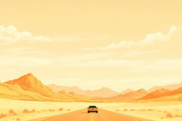 Poster - Car travels down a warm desert road surrounded by distant mountains and vibrant orange hues. Generative AI