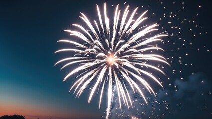 Aufkleber - Colorful fireworks exploding in the night sky with a dark blue to orange gradient background and ample copy space for text