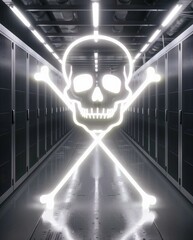 Poster - A glowing skull and crossbones symbol illuminates a dimly lit corridor lined with server racks, creating a striking and ominous atmosphere.
