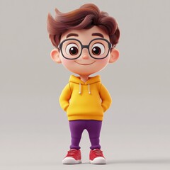 Aufkleber - Charming 3D cartoon character of a boy with glasses enjoying a bright day in a playful atmosphere. Generative AI