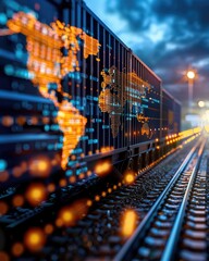 Poster - A digital representation of a world map projected onto a freight train, showcasing connectivity and technology amidst a railway setting.
