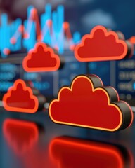 Poster - A futuristic representation of red cloud icons against a backdrop of digital data and graphs, symbolizing cloud computing and data analytics.