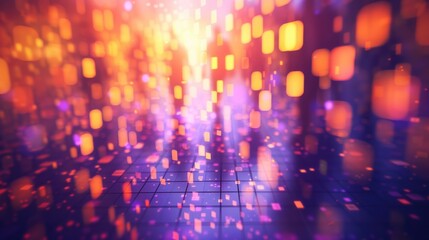 Poster - A vibrant, abstract scene with colorful lights creating a mesmerizing pathway, blending shades of purple, orange, and pink.