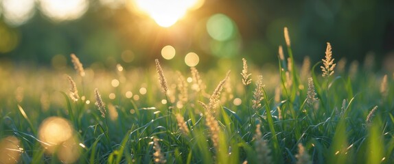 Wall Mural - Sunrise over a grassy field with soft sunlight and bokeh effect capturing the morning ambiance Copys Space