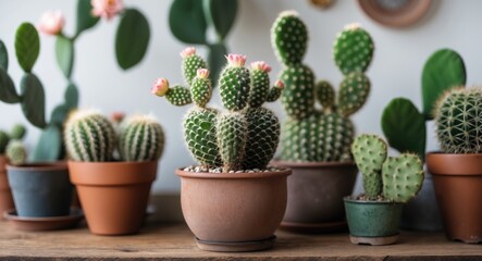 Aufkleber - various types of cacti in decorative pots arranged on a wooden table with blurred background and sof