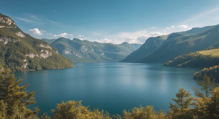 Wall Mural - Panoramic view of a tranquil lake surrounded by lush green mountains under a clear blue sky with copy space for text