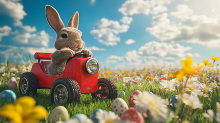 Wall Mural - Easter Sunday delight with a playful bunny driving a tiny red car through a meadow filled with vibrant flowers and colorful eggs