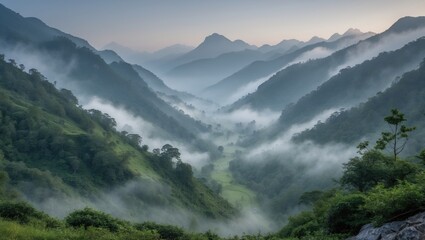 Wall Mural - misty valley landscape with rolling hills and mountains under a soft light during dawn in a serene n