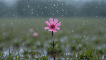 Wall Mural - Single pink flower in the rain with droplets on petals in a blurred field background Copy Space