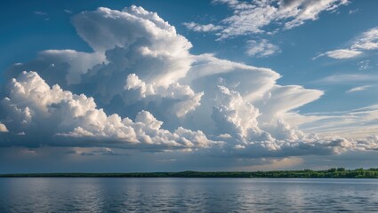 Aufkleber - Dramatic cloud formations over calm water with reflection and clear blue sky in the background Copy Space
