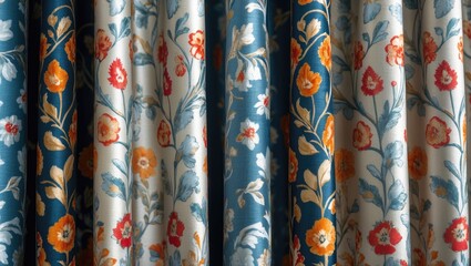 Aufkleber - Floral patterned fabric drapes with blue background and multicolored flowers vertical arrangement Copy Space