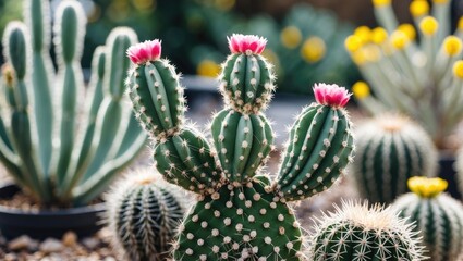 Aufkleber - Colorful blooming cacti in a garden with varied textures and shapes surrounded by soft natural light and blurred background Copy Space