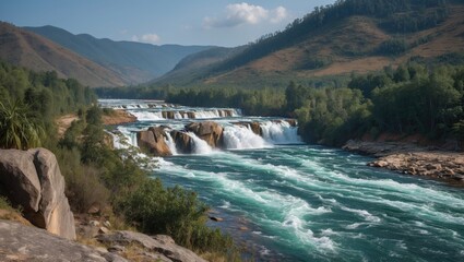 Wall Mural - Scenic view of a cascading river with waterfalls surrounded by mountains and lush greenery under a clear sky Copy Space