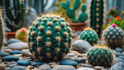 Poster - Close-up of various cacti in a rock garden with smooth pebbles and blurred background plants Copy Space