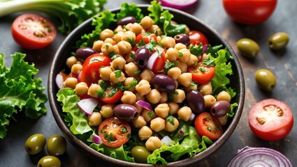 Wall Mural - Chickpea salad with cherry tomatoes, olives, red onion, and fresh lettuce on a wooden table with copy space for text