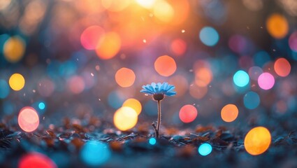 Aufkleber - Solitary blue flower in a field illuminated by colorful bokeh lights creating a dreamy atmosphere with blurred background and Copy Space