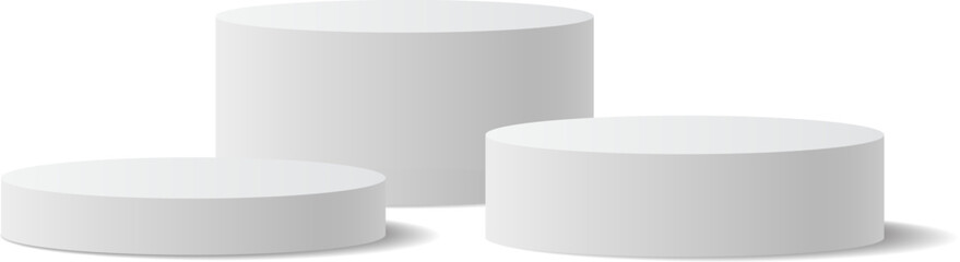 Poster - Featuring three white round podiums of varying sizes, creating a striking pedestal for winners against a clean white background, symbolizing success and achievement in competition