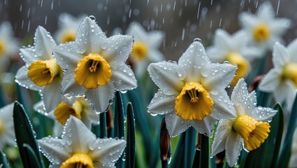 Aufkleber - Daffodil flowers covered in raindrops with blurred background and soft light in the garden setting Copy Space