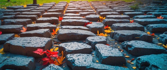 Aufkleber - Cobblestone pathway with colorful autumn leaves and wet texture, natural light during golden hour, Copy Space available