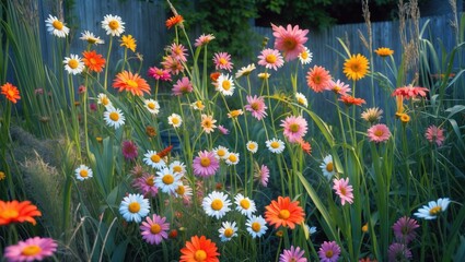 Sticker - Colorful wildflower garden with daisies and gerbera blooms in a natural setting with green grass and soft sunlight. Copy Space